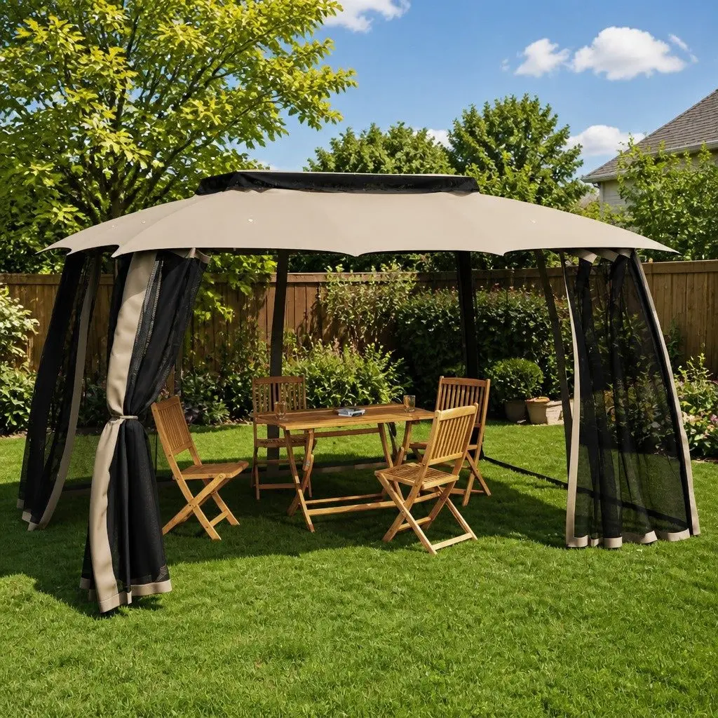 Gazebo Steel Frame Double Roof Mesh Walls 3.93x2.93m Taupe