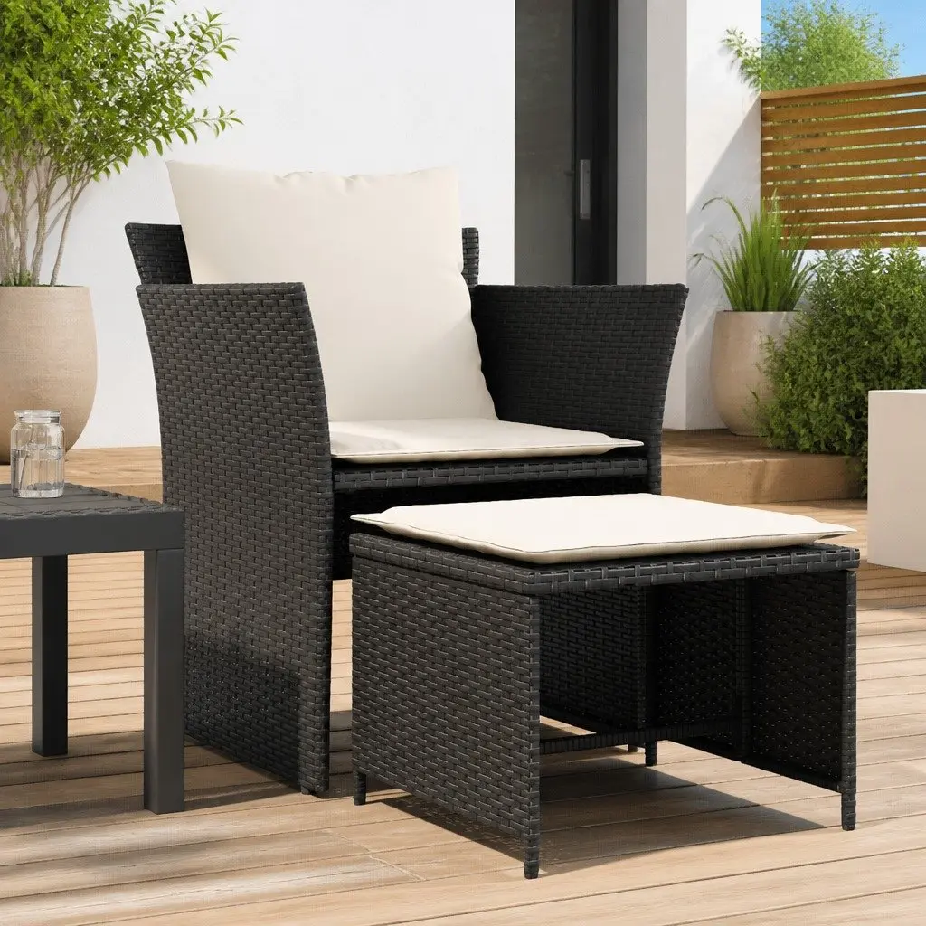 Garden Chair Poly Rattan Black with Footstool Outdoor Armchair