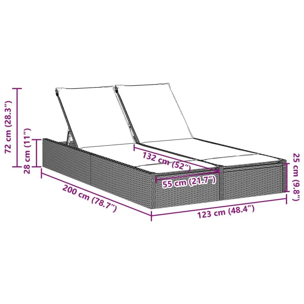 Double Sun Lounger PE Rattan Adjustable Backrest Black