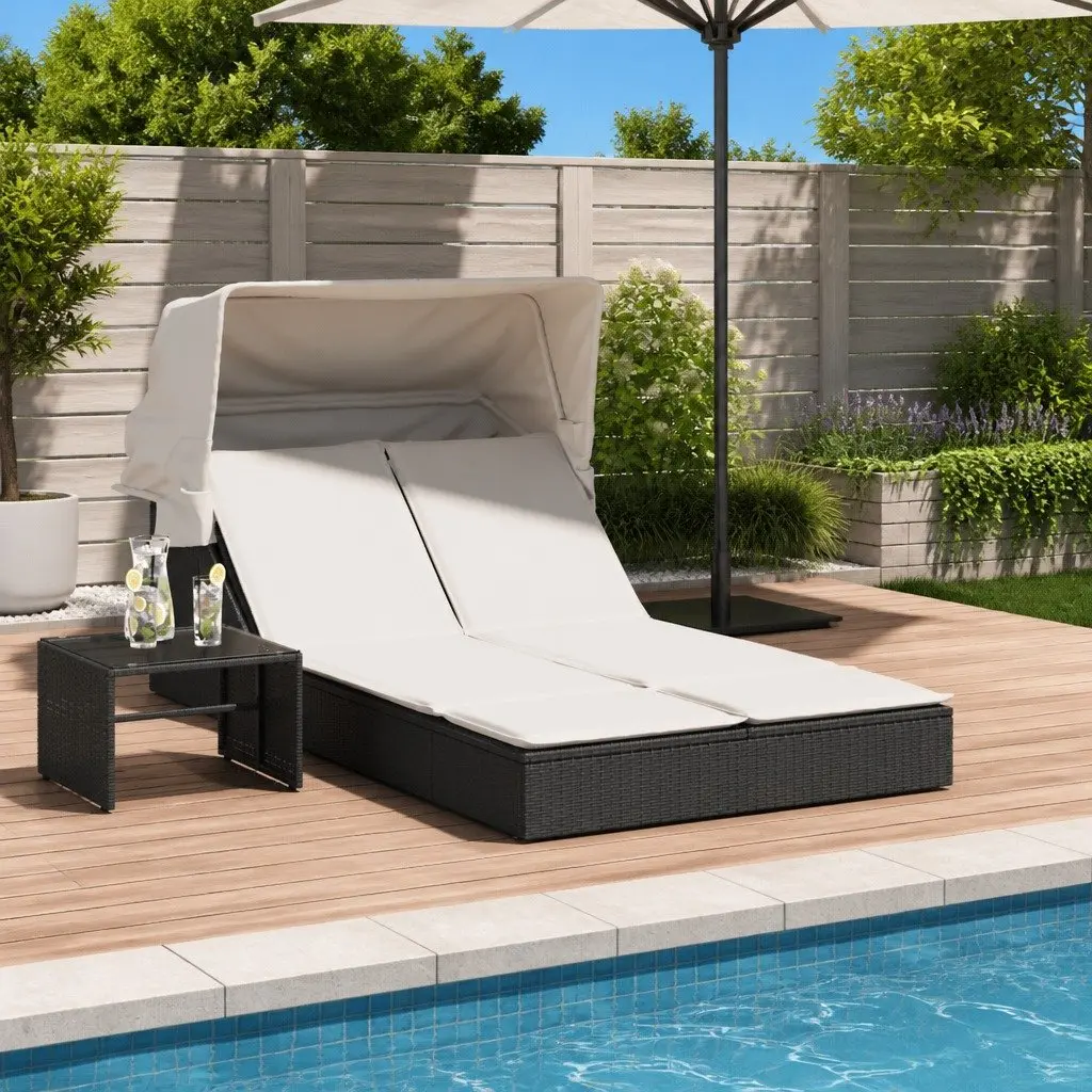 Double Sun Lounger PE Rattan Adjustable Backrest Black