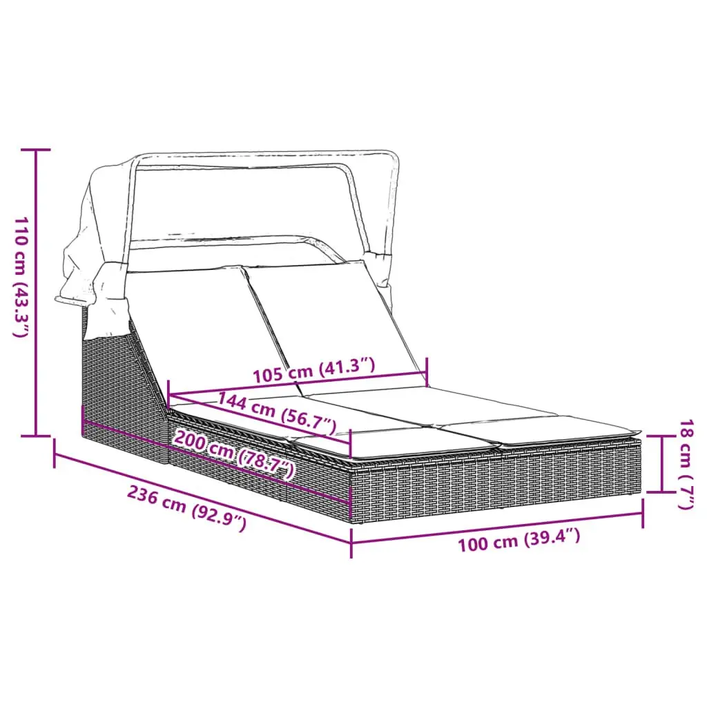 Double Sun Lounger PE Rattan Adjustable Backrest Black