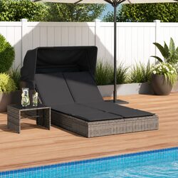 Double Sun Lounger Outdoor Furniture Adjustable Backrest Retractable Canopy Grey