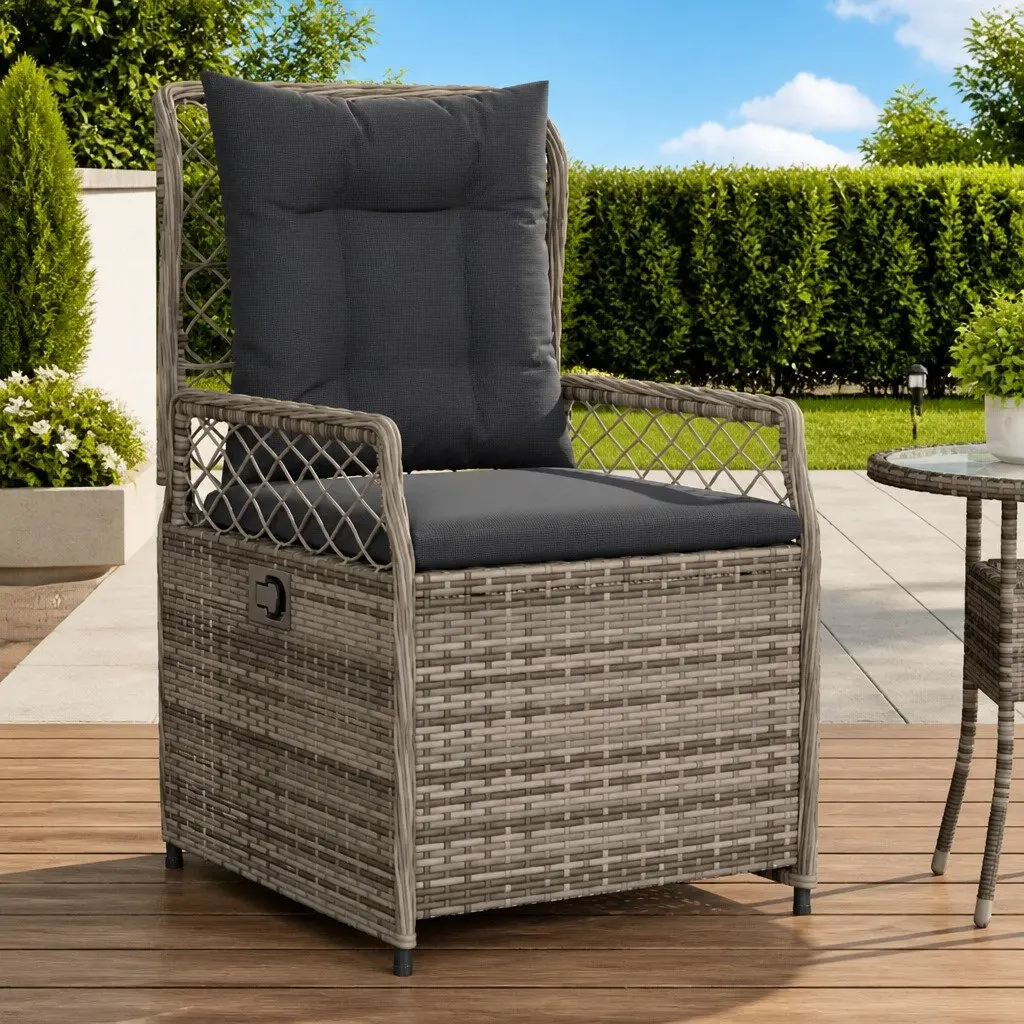 Outdoor Garden Chairs 2 Piece Cushioned Adjustable Backrest Grey PE Rattan