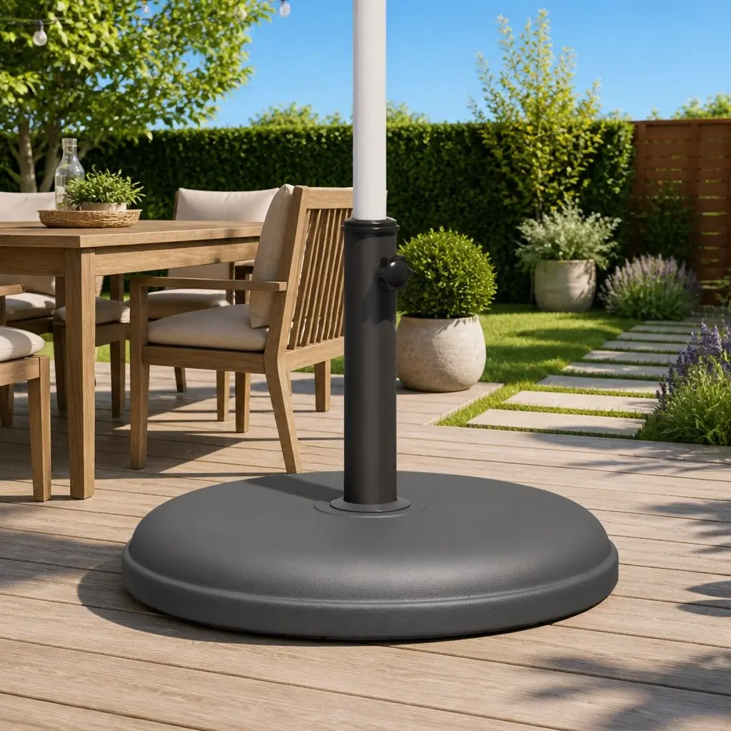 Round Parasol Base Grey Durable Plastic and Concrete 15kg Fits 32mm 35mm 38mm Poles