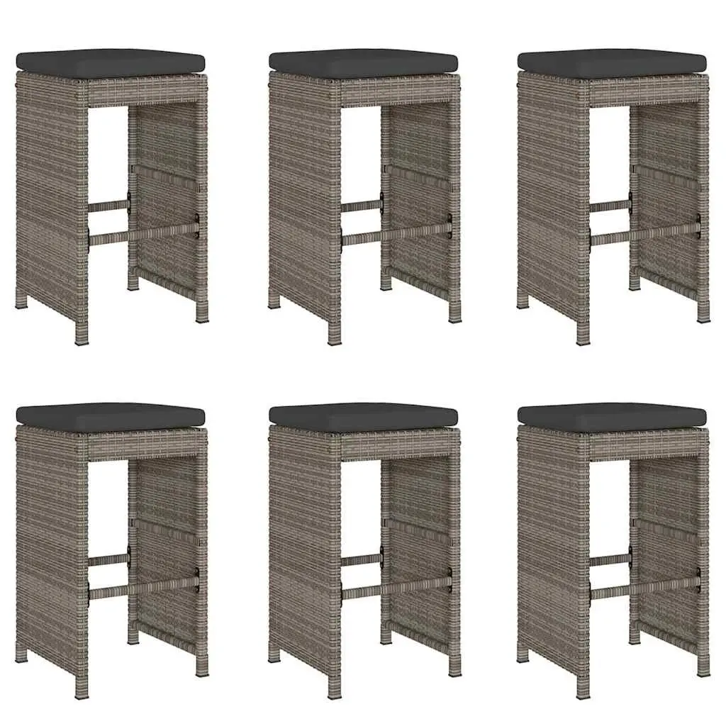 Outdoor Bar Stools Set PE Rattan Cushioned Chairs Grey 6 Piece