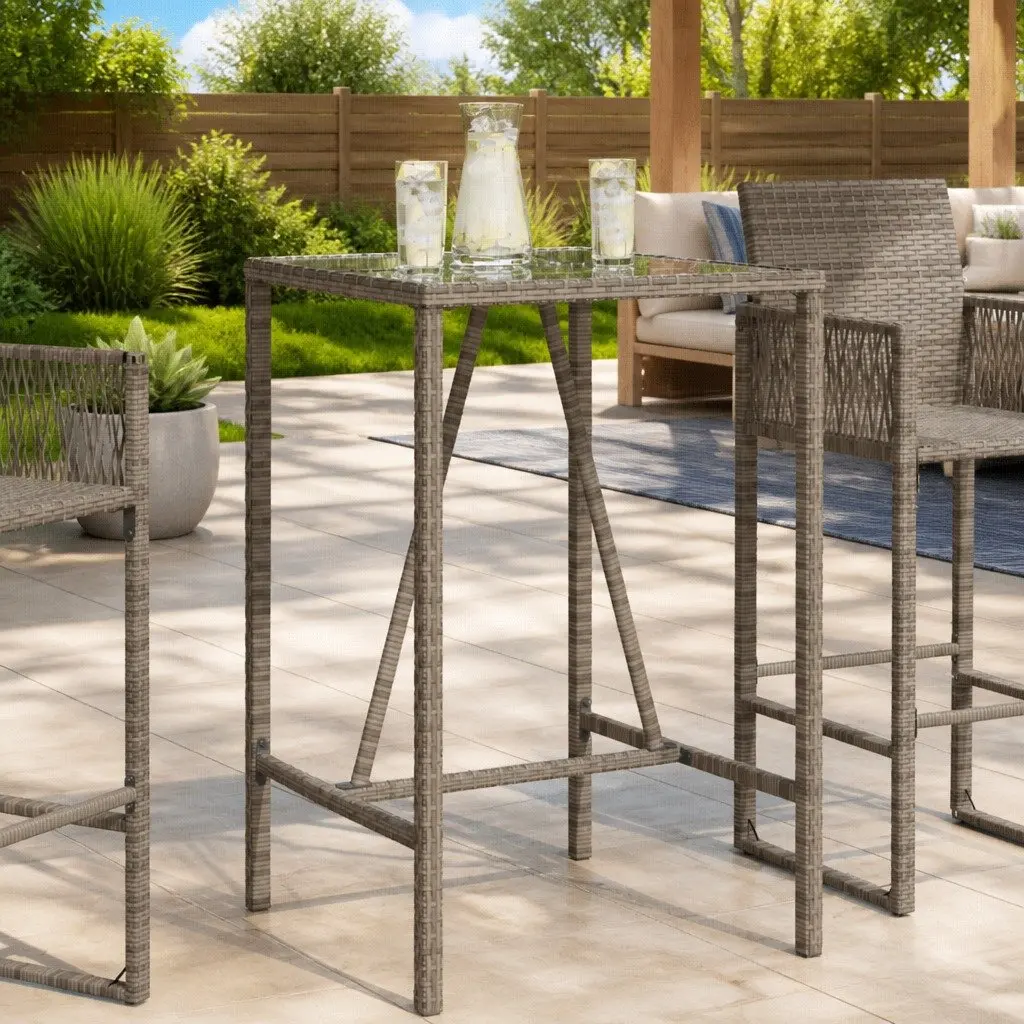 Outdoor Bar Table Grey Poly Rattan 70cm x 70cm x 110cm Tempered Glass Top Powder Coated Steel Frame