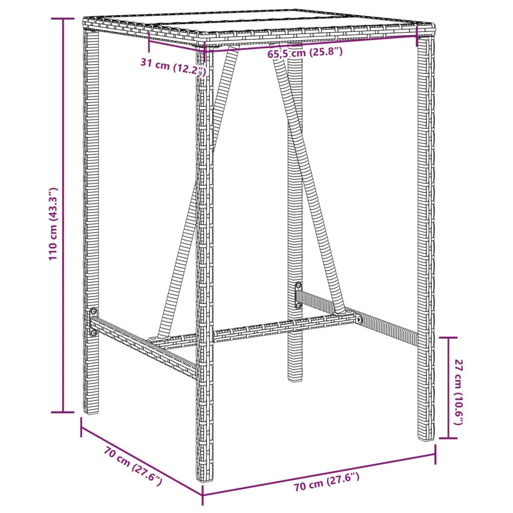 Outdoor Bar Table Grey Poly Rattan 70cm x 70cm x 110cm Tempered Glass Top Powder Coated Steel Frame
