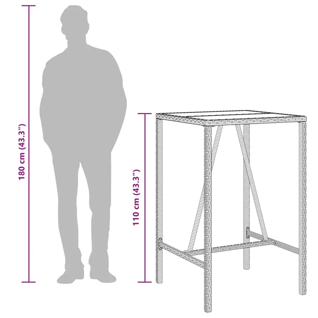 Outdoor Bar Table Grey Poly Rattan 70cm x 70cm x 110cm Tempered Glass Top Powder Coated Steel Frame