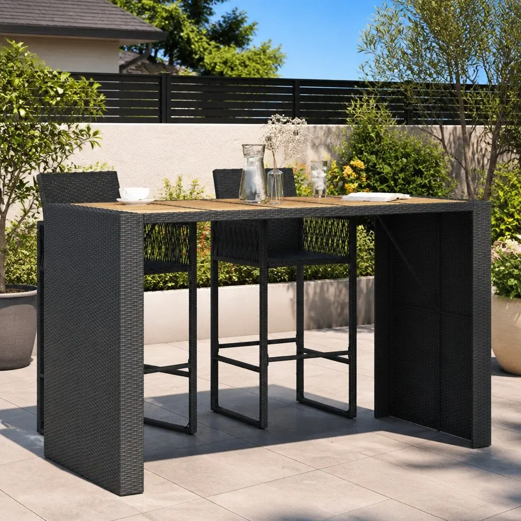 Garden Bar Table Acacia Wood Top Black Poly Rattan Weather Resistant Outdoor Furniture