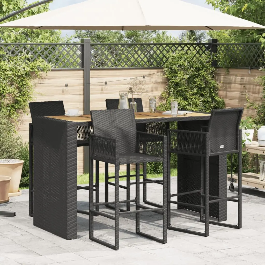 Garden Bar Table Acacia Wood Top Black Poly Rattan Weather Resistant Outdoor Furniture