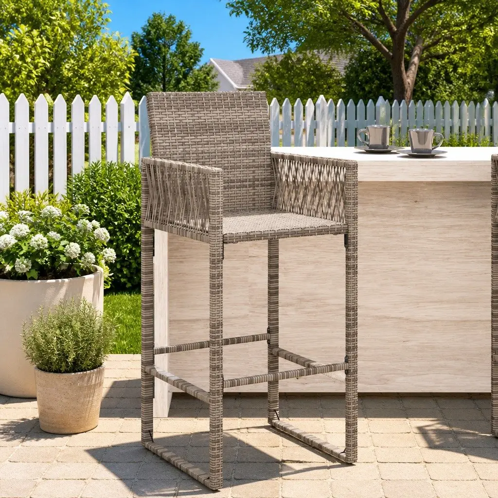 Outdoor Bar Stools Set PE Rattan Powder-Coated Steel 2 Piece Grey