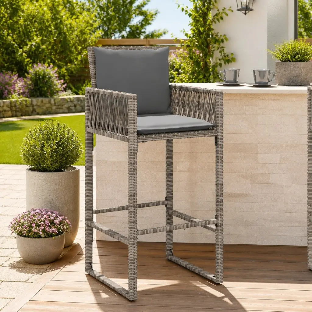 Outdoor Bar Stools PE Rattan 2 pcs Grey with Cushions Powder-coated Steel Frame