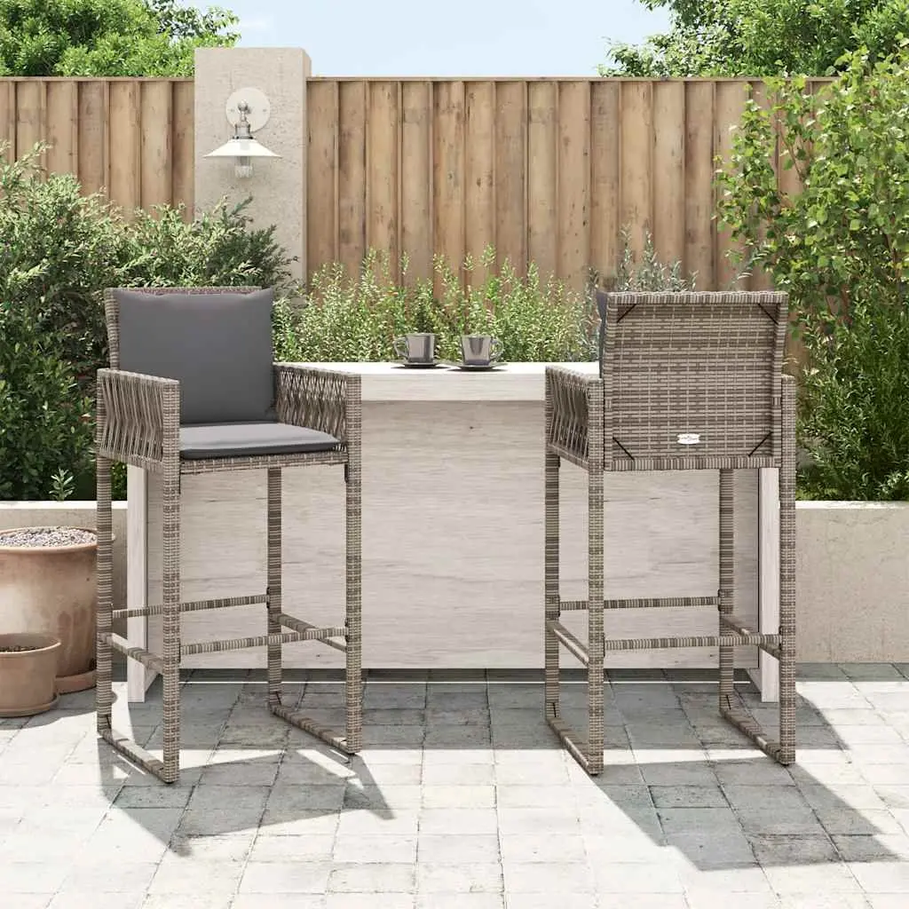 Outdoor Bar Stools PE Rattan 2 pcs Grey with Cushions Powder-coated Steel Frame