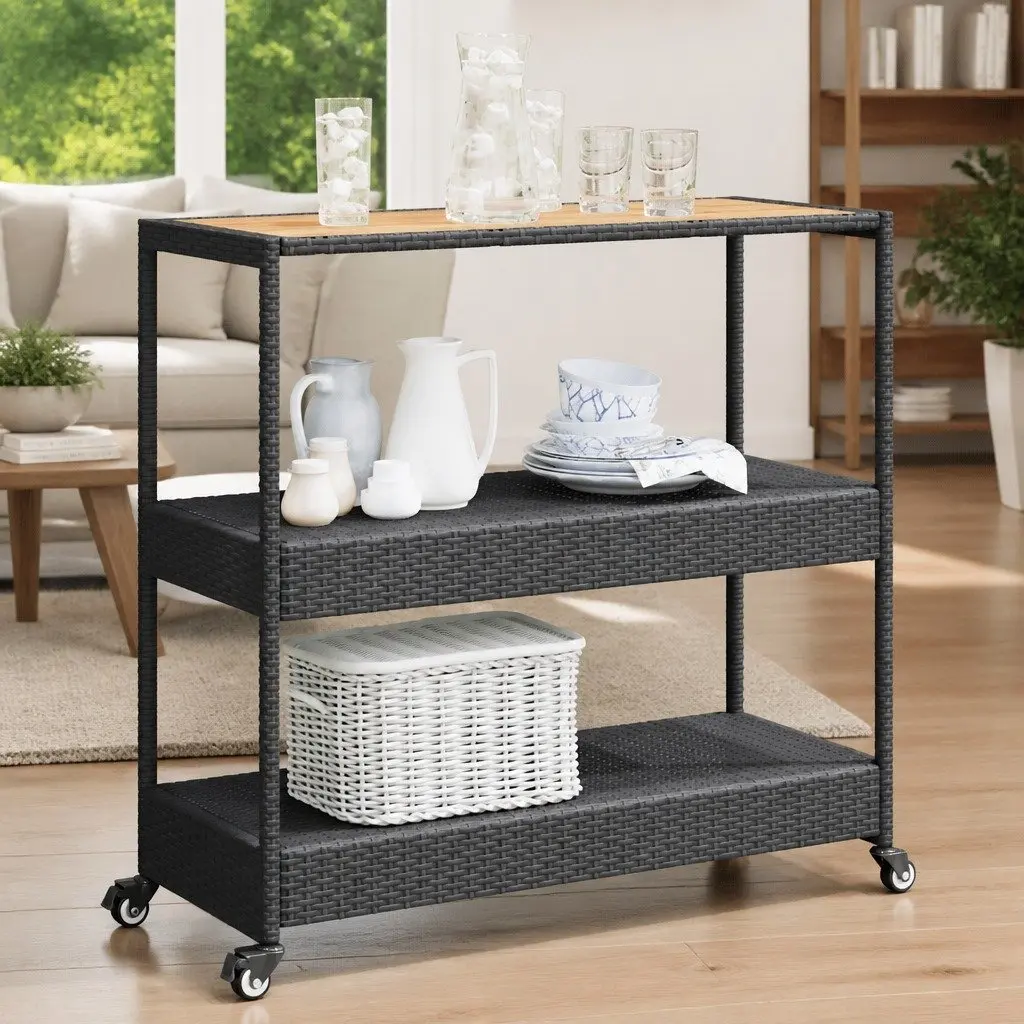 3-Tier Bar Cart PE Poly Rattan Powder-Coated Steel Acacia Wooden Top Black