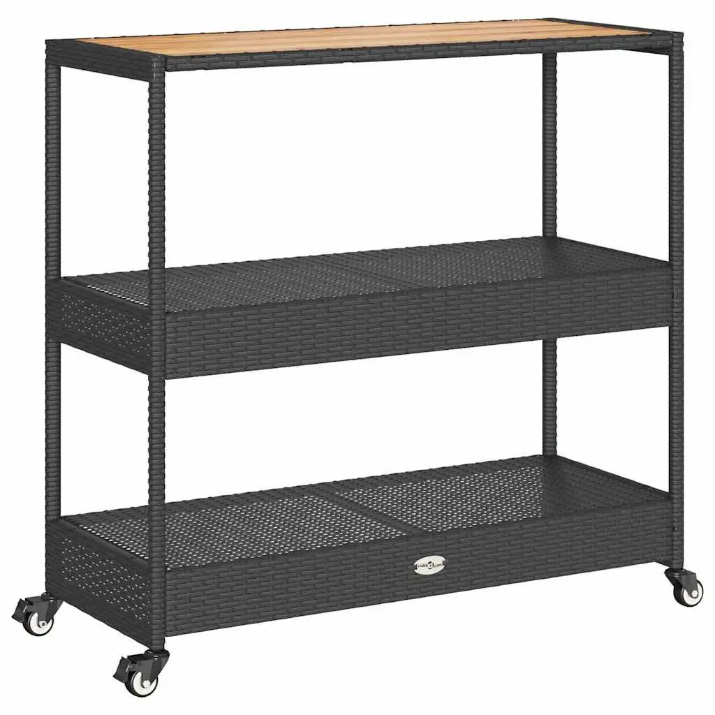 3-Tier Bar Cart PE Poly Rattan Powder-Coated Steel Acacia Wooden Top Black