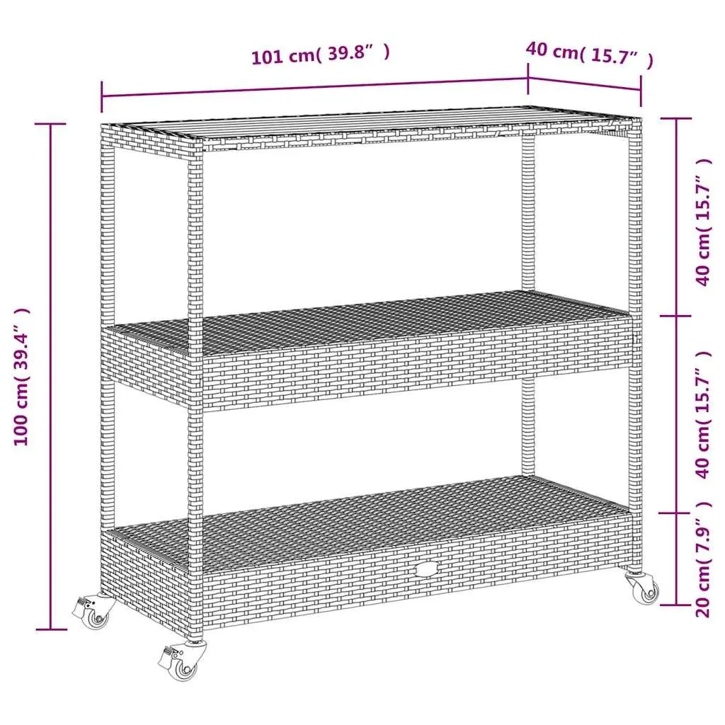 3-Tier Bar Cart PE Poly Rattan Powder-Coated Steel Acacia Wooden Top Black