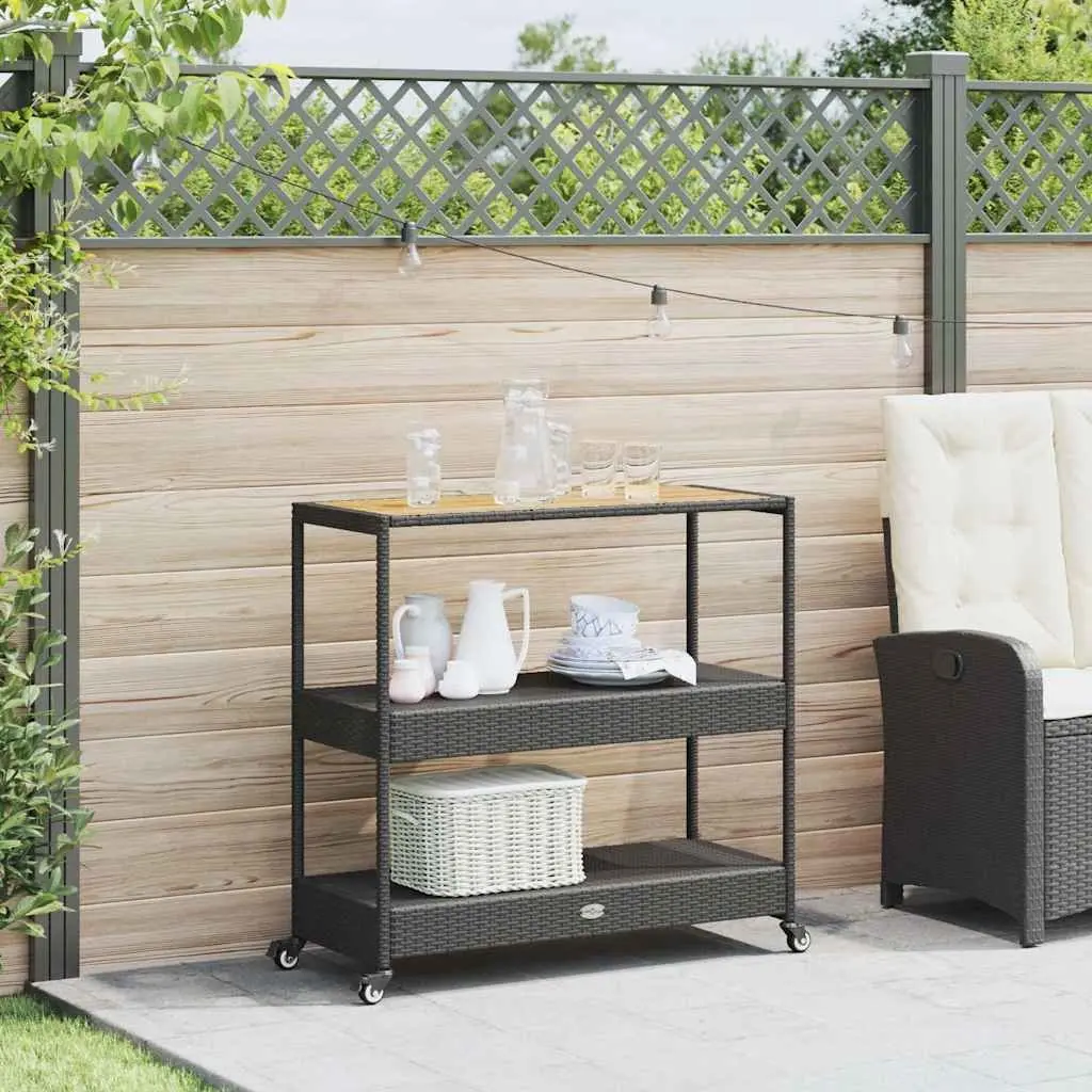 3-Tier Bar Cart PE Poly Rattan Powder-Coated Steel Acacia Wooden Top Black