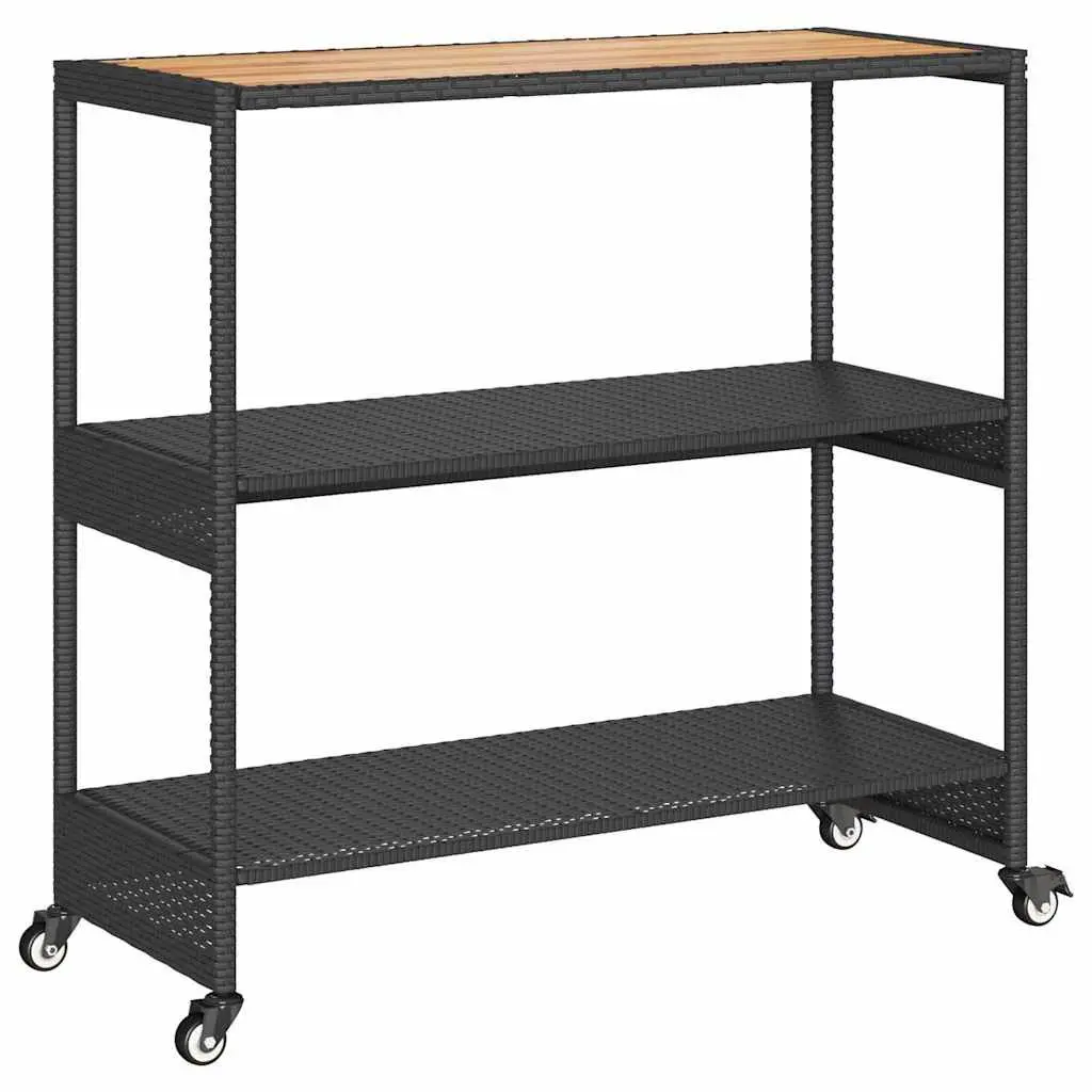 3-Tier Bar Cart PE Poly Rattan Powder-Coated Steel Acacia Wooden Top Black