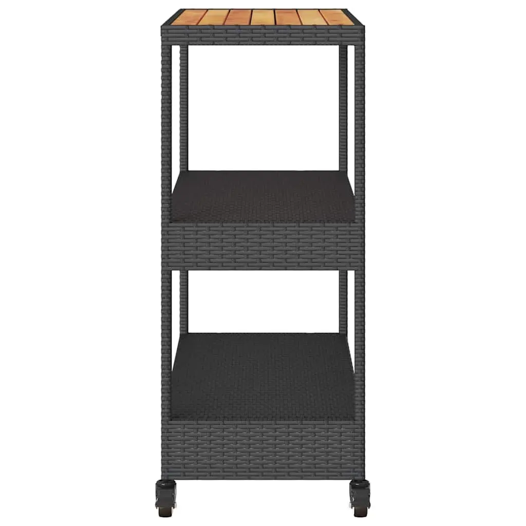 3-Tier Bar Cart PE Poly Rattan Powder-Coated Steel Acacia Wooden Top Black
