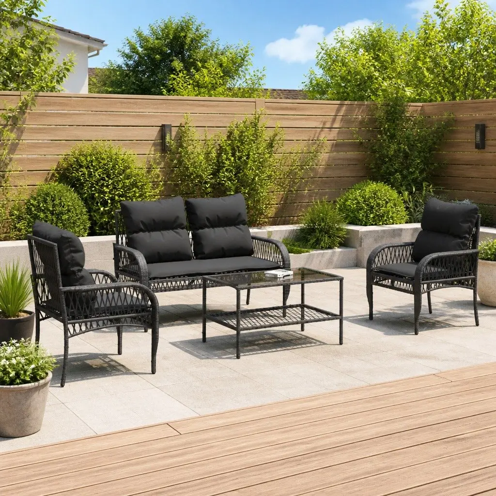 4 Piece Outdoor Garden Sofa Set Black PE Rattan Lounge with Powder-coated Steel Frame and Tempered Glass Table Top