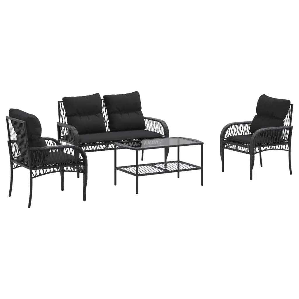 4 Piece Outdoor Garden Sofa Set Black PE Rattan Lounge with Powder-coated Steel Frame and Tempered Glass Table Top