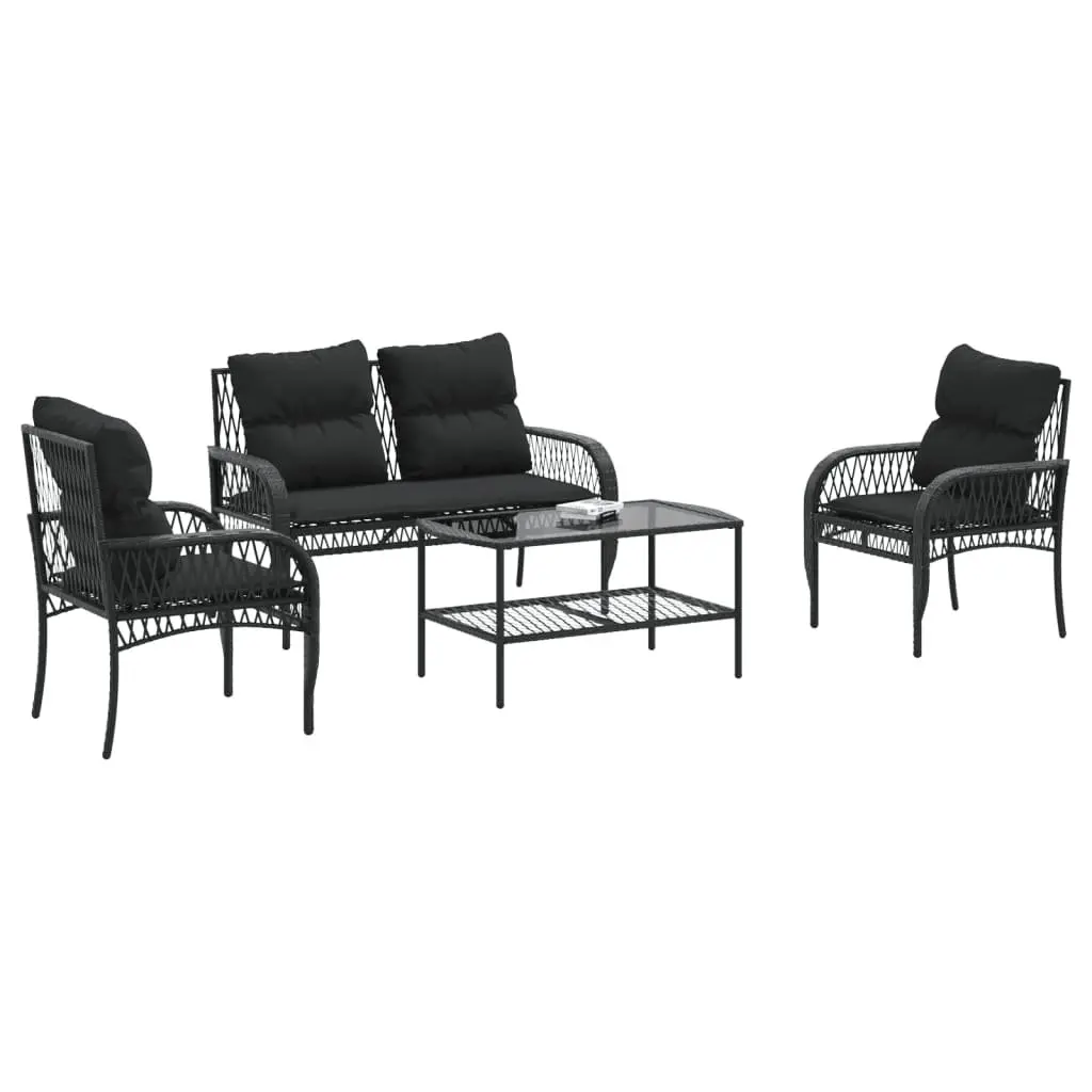 4 Piece Outdoor Garden Sofa Set Black PE Rattan Lounge with Powder-coated Steel Frame and Tempered Glass Table Top