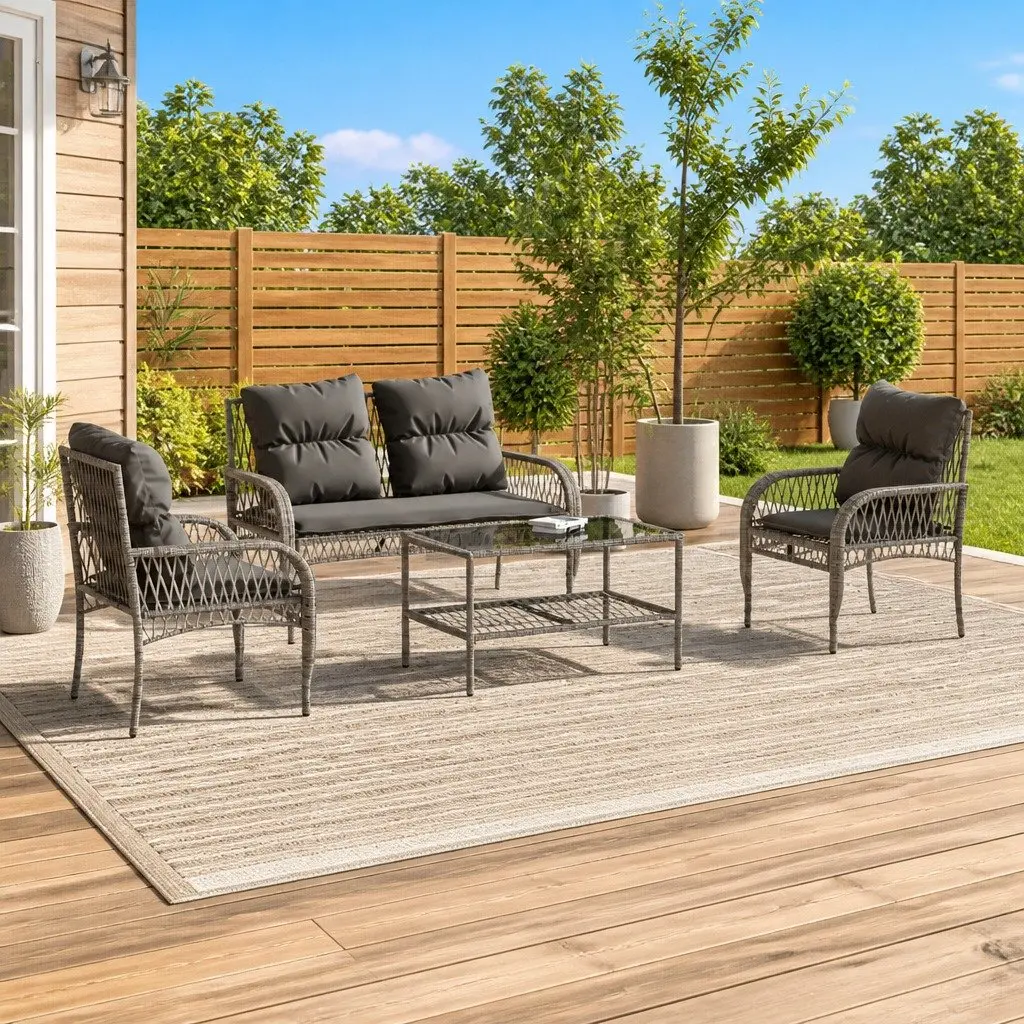 4 Piece Grey Poly Rattan Sofa Set with Cushions and Glass Table for Outdoor Patio and Garden