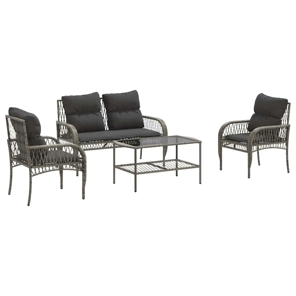 4 Piece Grey Poly Rattan Sofa Set with Cushions and Glass Table for Outdoor Patio and Garden