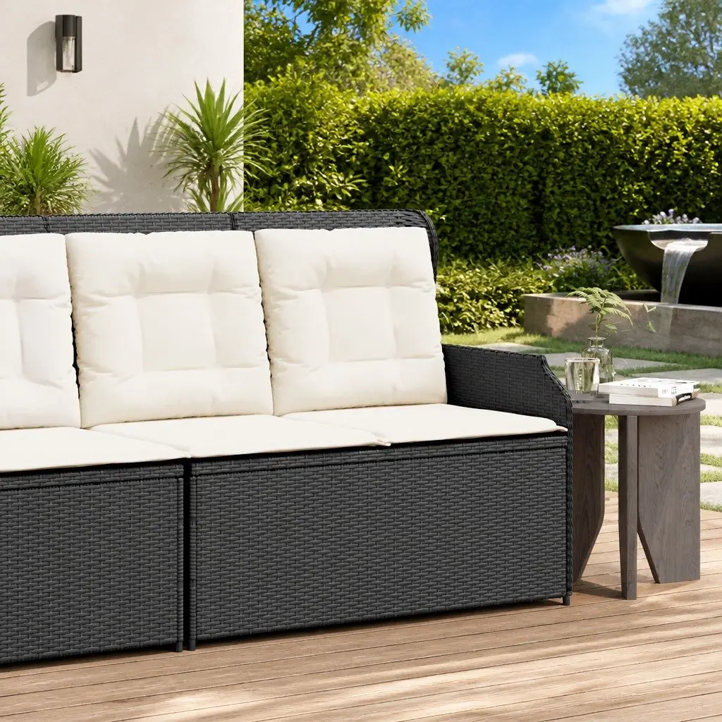 Reclining Garden Bench Black Padded Cushions Adjustable Backrest Outdoor PE Rattan Furniture