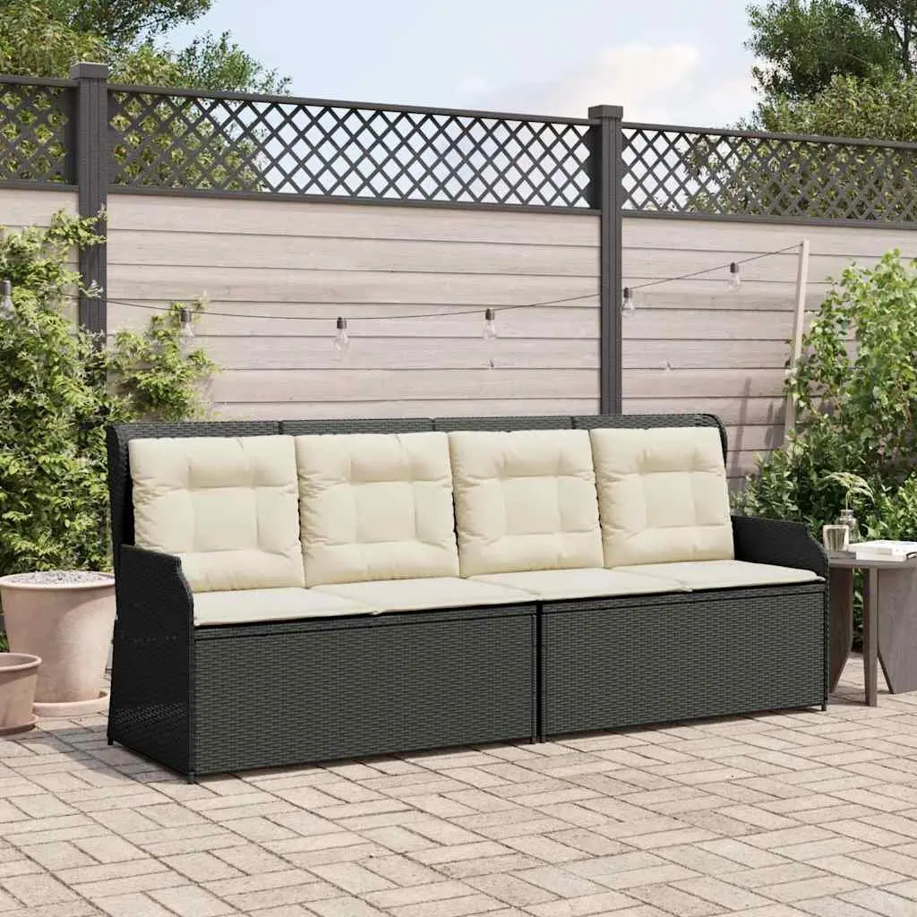Reclining Garden Bench Black Padded Cushions Adjustable Backrest Outdoor PE Rattan Furniture