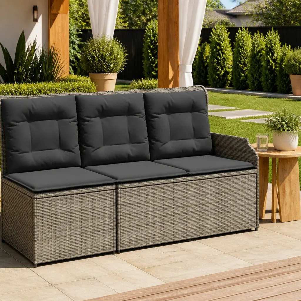 Reclining Garden Bench PE Rattan Adjustable Backrest Cushions Grey