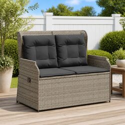 Outdoor Reclining Garden Bench Adjustable Backrest Padded Cushions Grey Poly
