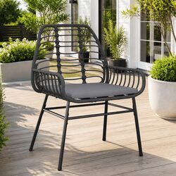 2-Piece Black Poly Rattan Outdoor Chairs with Cushions