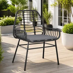 2-Piece Black Poly Rattan Outdoor Chairs with Cushions