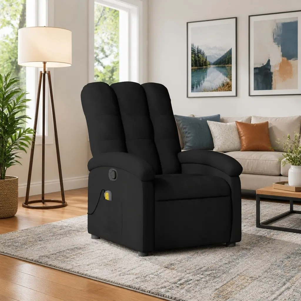Recliner Chair Manual Black Fabric Vibration Massage Armchair 6 Points Adjustable Footrest