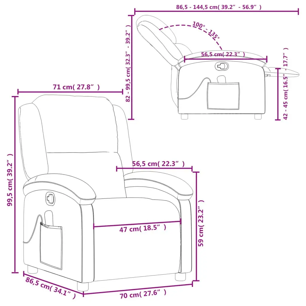 Recliner Chair Fabric Grey Manual Massage 6 Vibration Points Adjustable Backrest