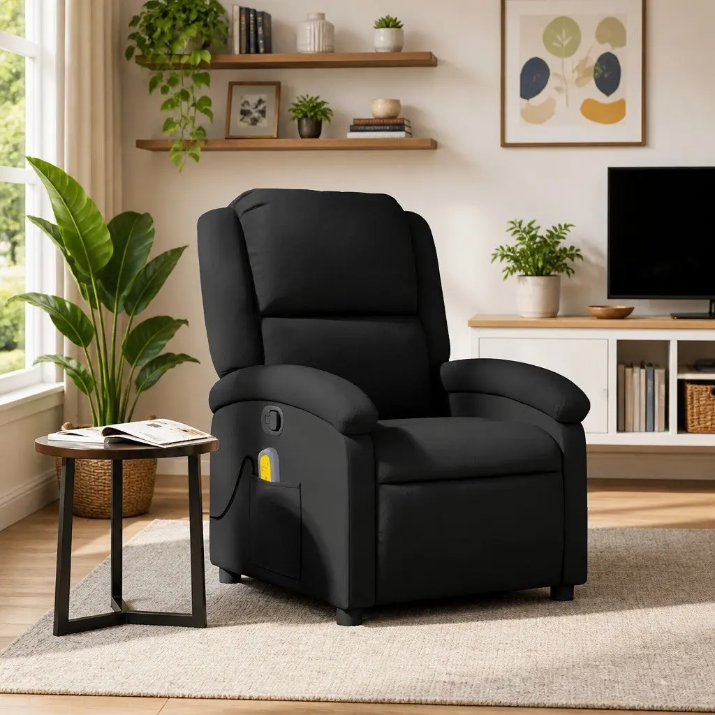 Massage Recliner Chair Manual Recline Real Leather 135 Degree Black