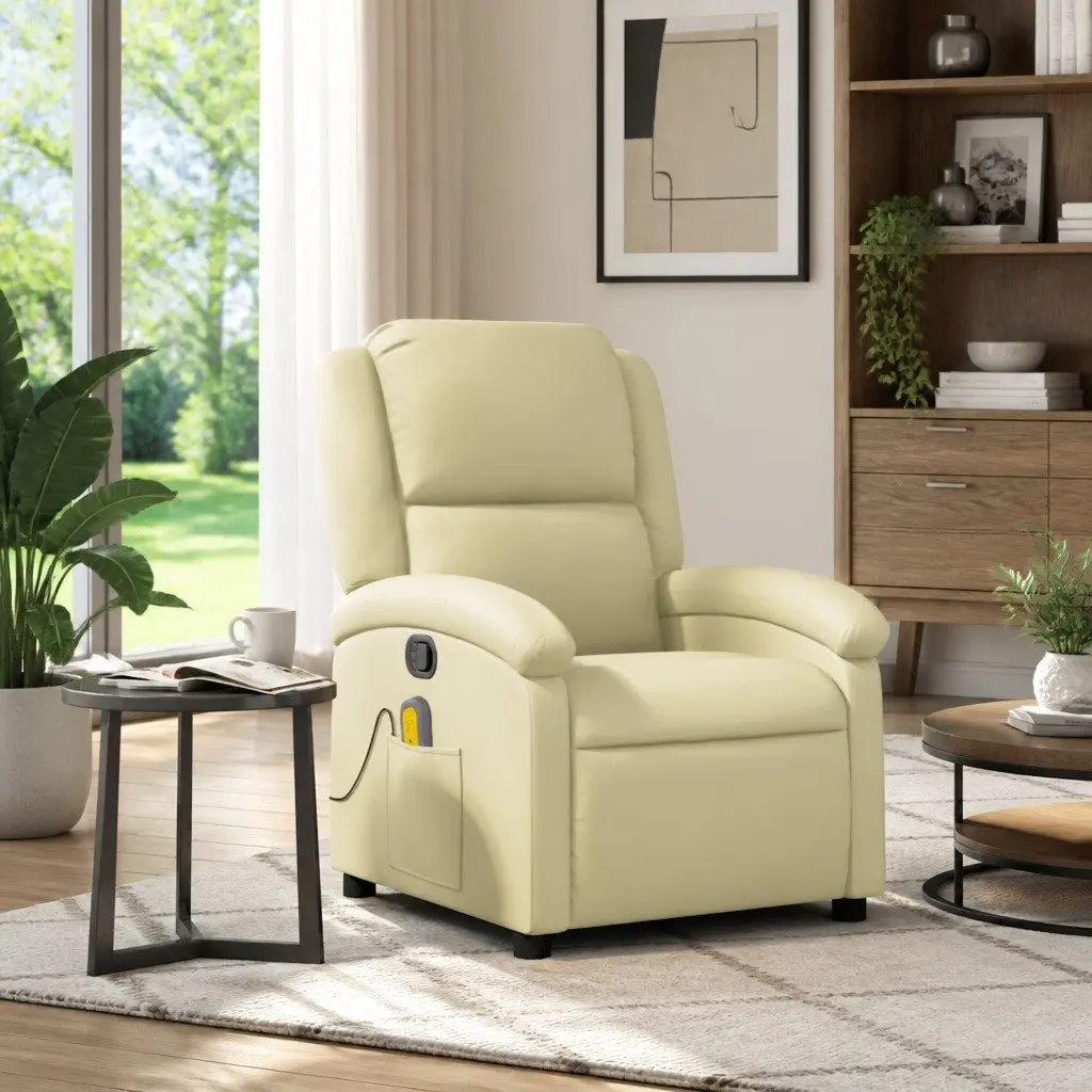 Massage Recliner Chair Real Leather Manual Recline 135 Degrees Cream