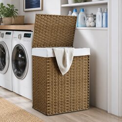 Laundry Basket with Lid Brown Poly Rattan Household Storage Foldable Design