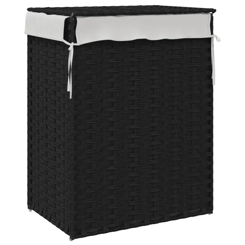 Laundry Basket with Lid Black Poly Rattan Foldable Storage Hamper Removable
