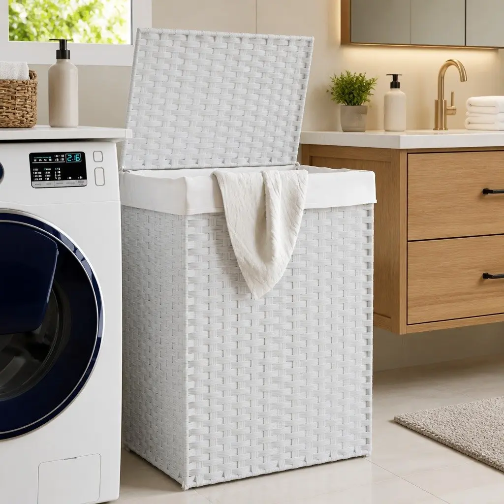 Laundry Basket with Lid White Poly Rattan Foldable Storage Hamper
