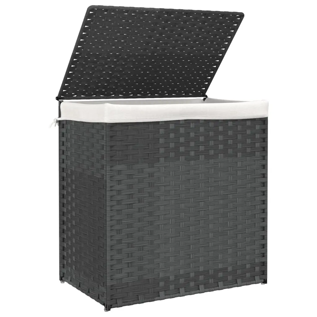Laundry Basket with 2 Sections Grey 53x35x57 cm Poly Rattan Storage Bin with Lid