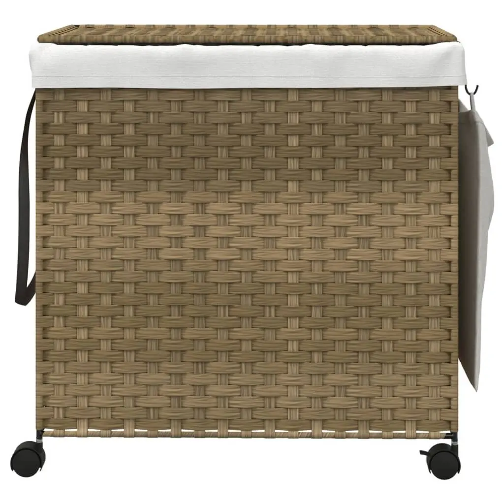 Rattan Laundry Basket with Wheels 60x35x60.5cm Hamper 3 Compartments Lid Handle