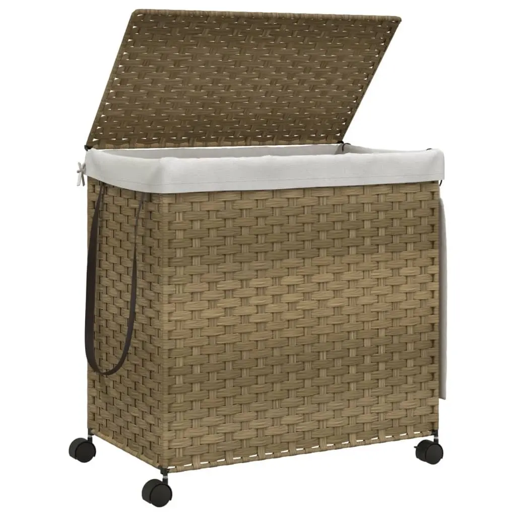 Rattan Laundry Basket with Wheels 60x35x60.5cm Hamper 3 Compartments Lid Handle