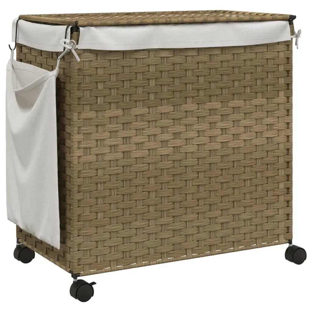 Rattan Laundry Basket with Wheels 60x35x60.5cm Hamper 3 Compartments Lid Handle