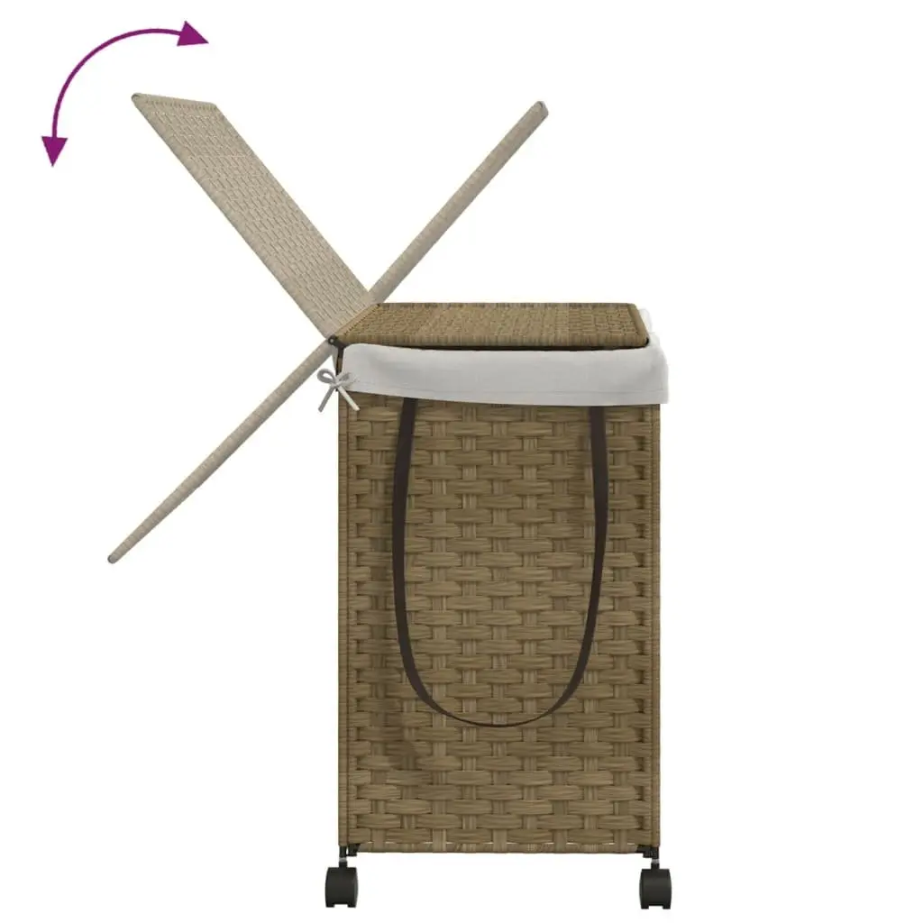 Rattan Laundry Basket with Wheels 60x35x60.5cm Hamper 3 Compartments Lid Handle