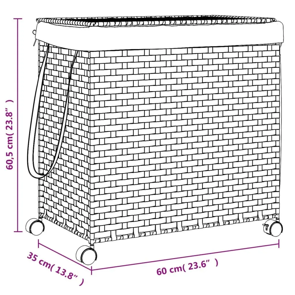 Rattan Laundry Basket with Wheels 60x35x60.5cm Hamper 3 Compartments Lid Handle