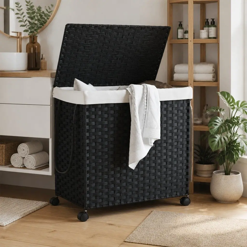 Rattan Laundry Hamper Black 60x35x60.5cm With Wheels Three Compartments Removable Lid