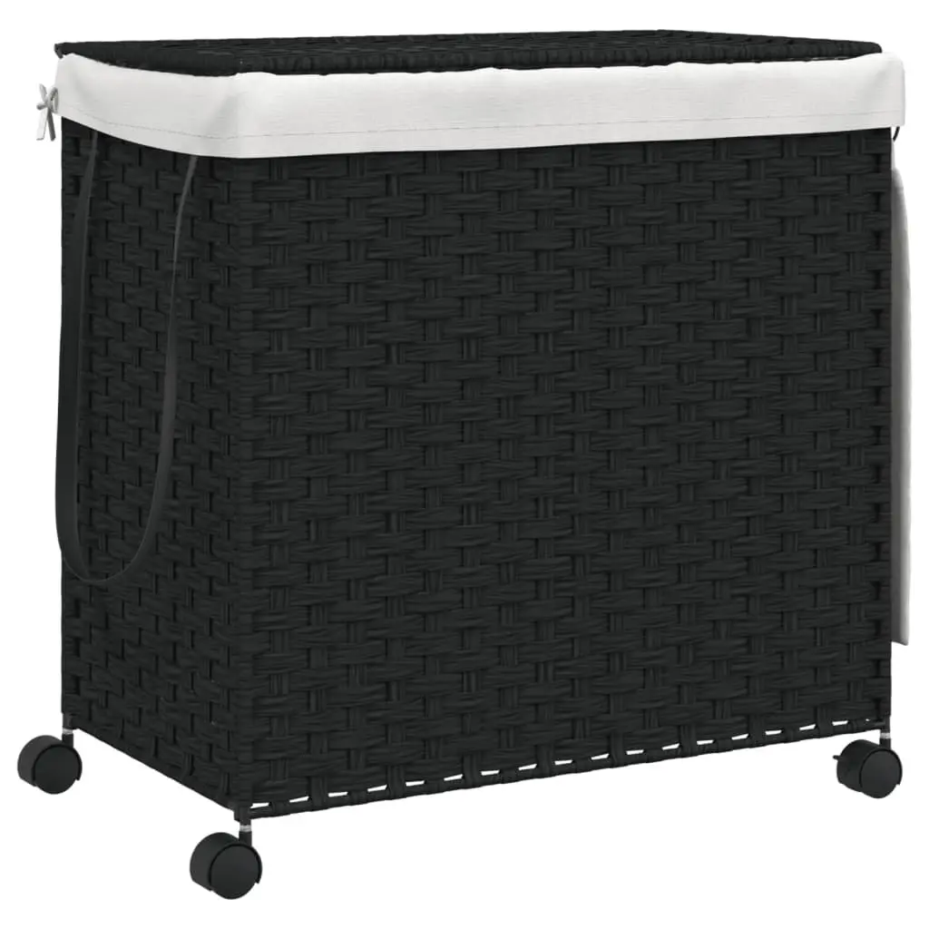 Rattan Laundry Hamper Black 60x35x60.5cm With Wheels Three Compartments Removable Lid