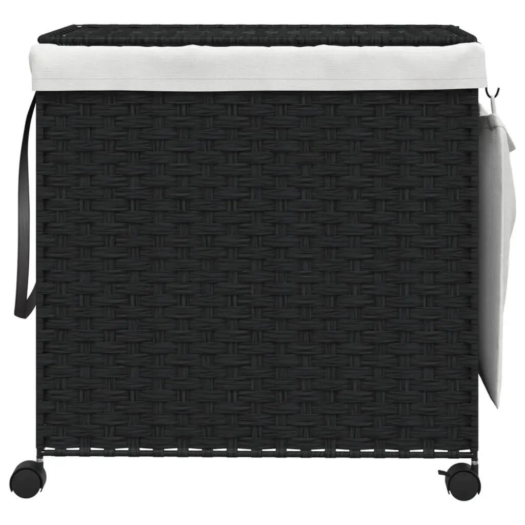 Rattan Laundry Hamper Black 60x35x60.5cm With Wheels Three Compartments Removable Lid